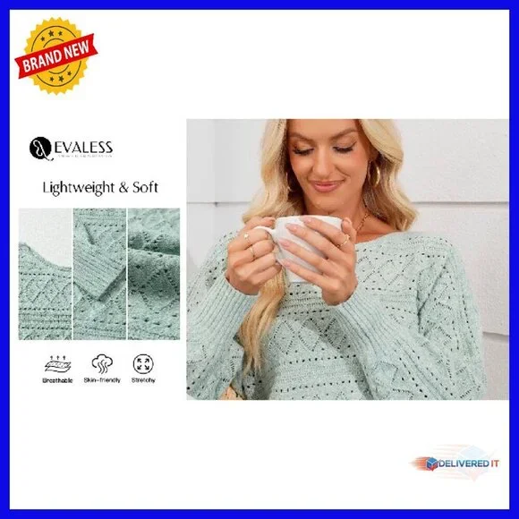 Crochet Boat Neck Long Sleeve Sweater Loose Fit Cozy Fall Winter - Picture 8 of 8